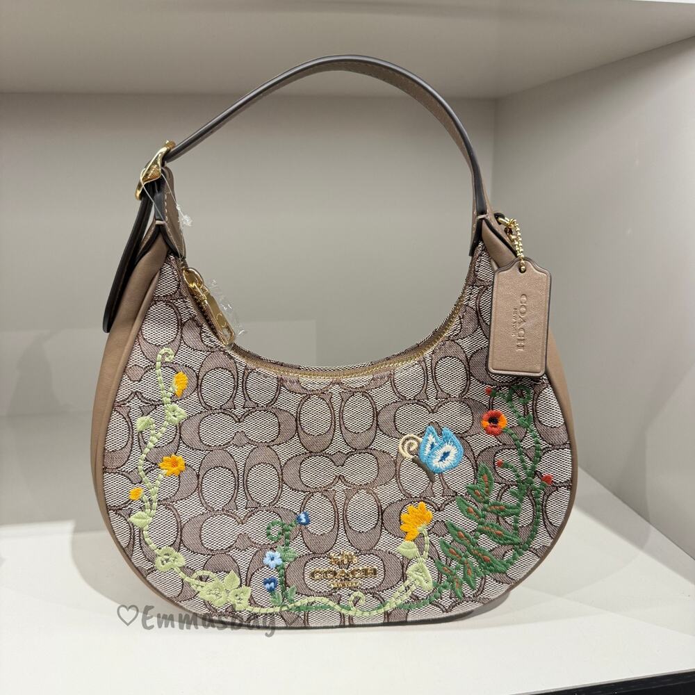 Coach Emily Shoulder Bag Signature Jacquard With Floral Embroidery CDX19 Oak Mul - Picture 3 of 15